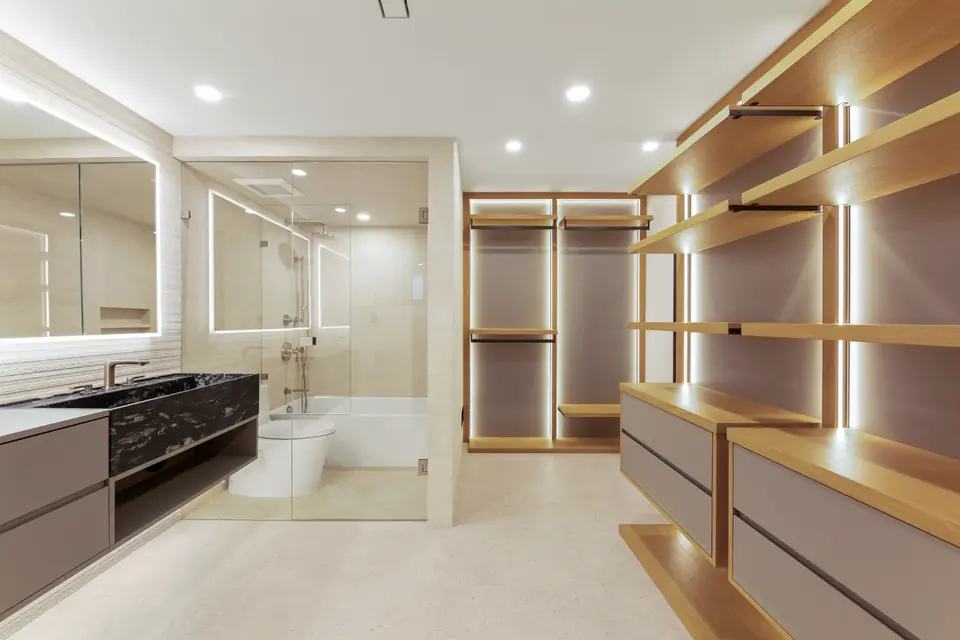 Finished bathroom feature wall and fixtures