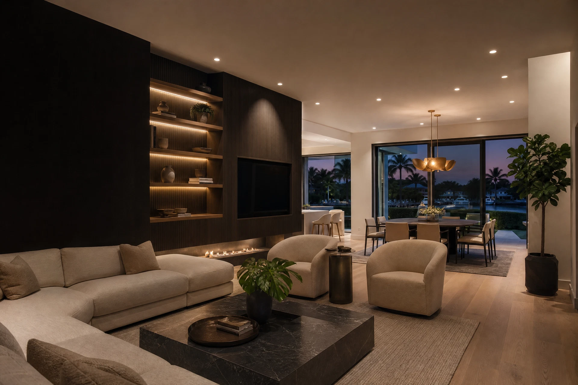 Generic editorial image of a remodeled living room with layered lighting
