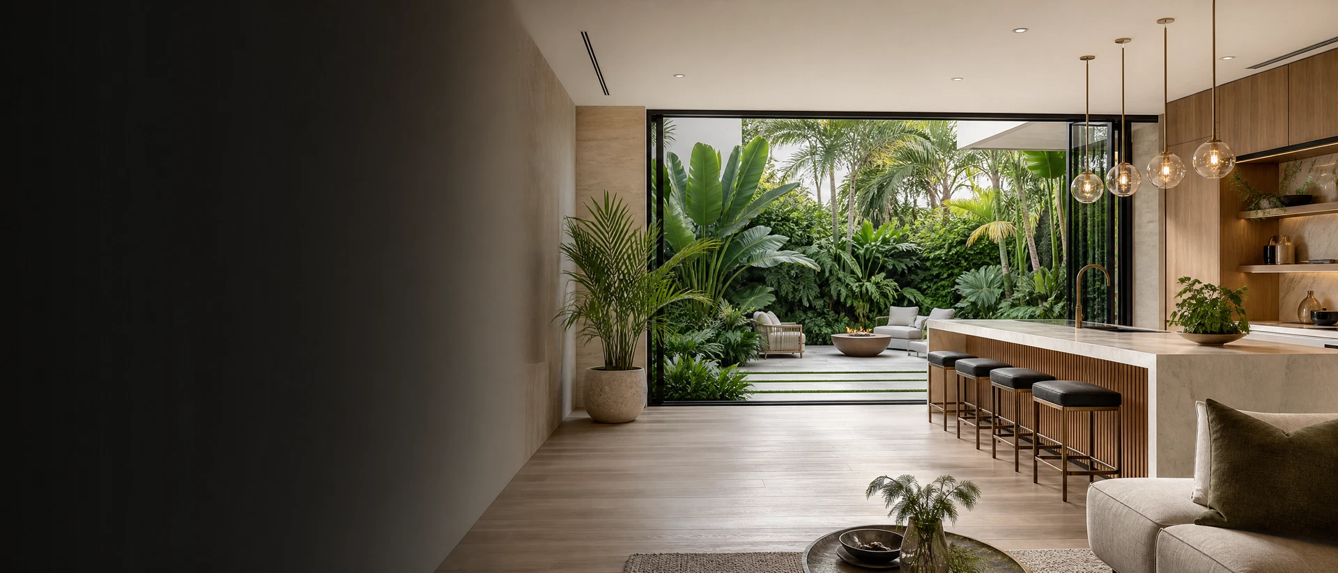 Generic editorial view of a Coconut Creek home opening onto lush tropical landscaping