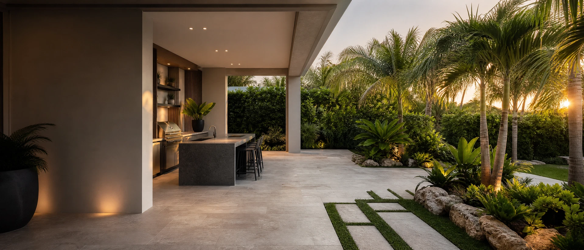 Generic editorial view of a refined Hollywood outdoor patio with tropical South Florida landscaping