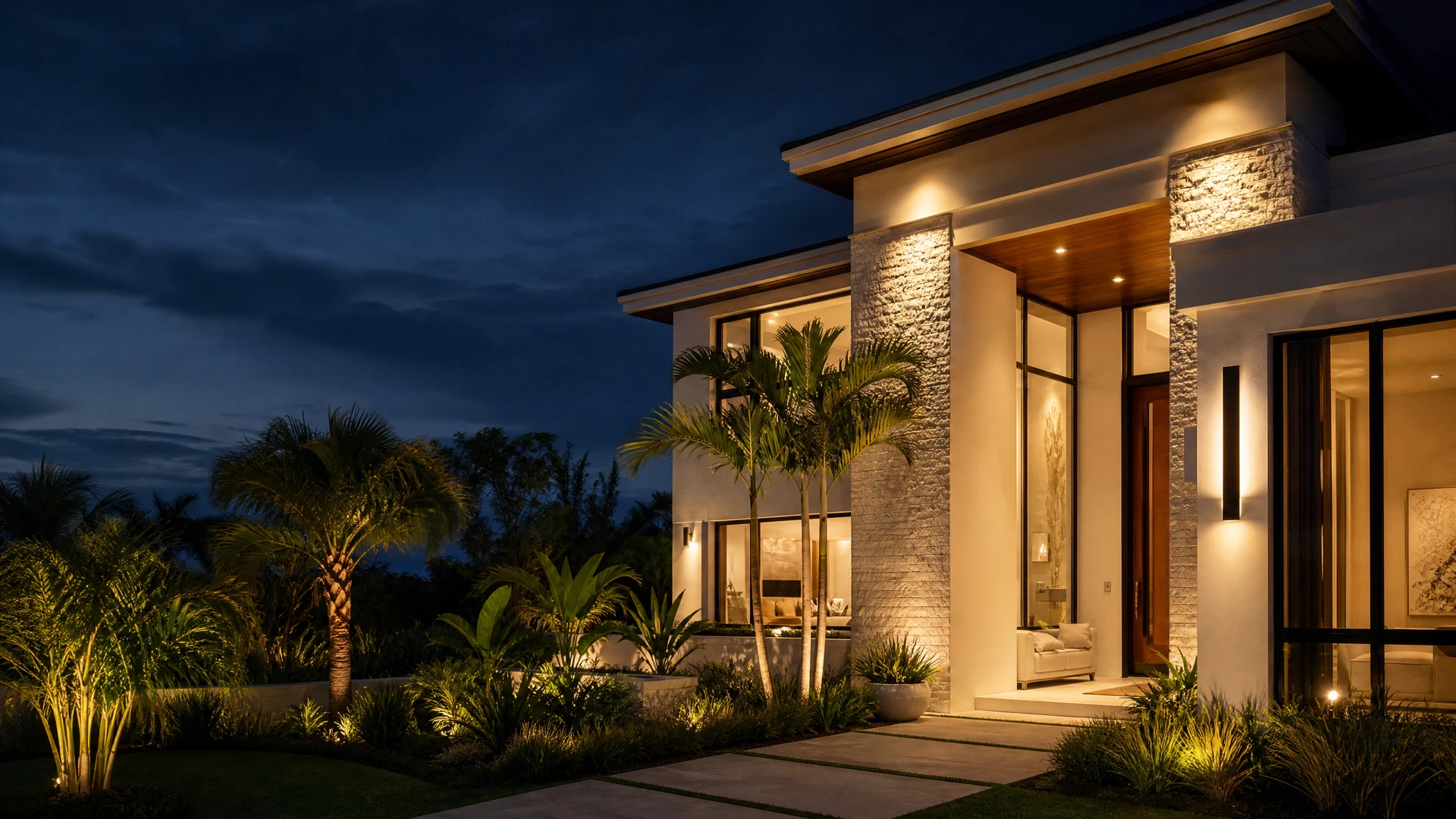 Generic editorial view of a Miami Gardens contemporary remodeled home exterior at dusk
