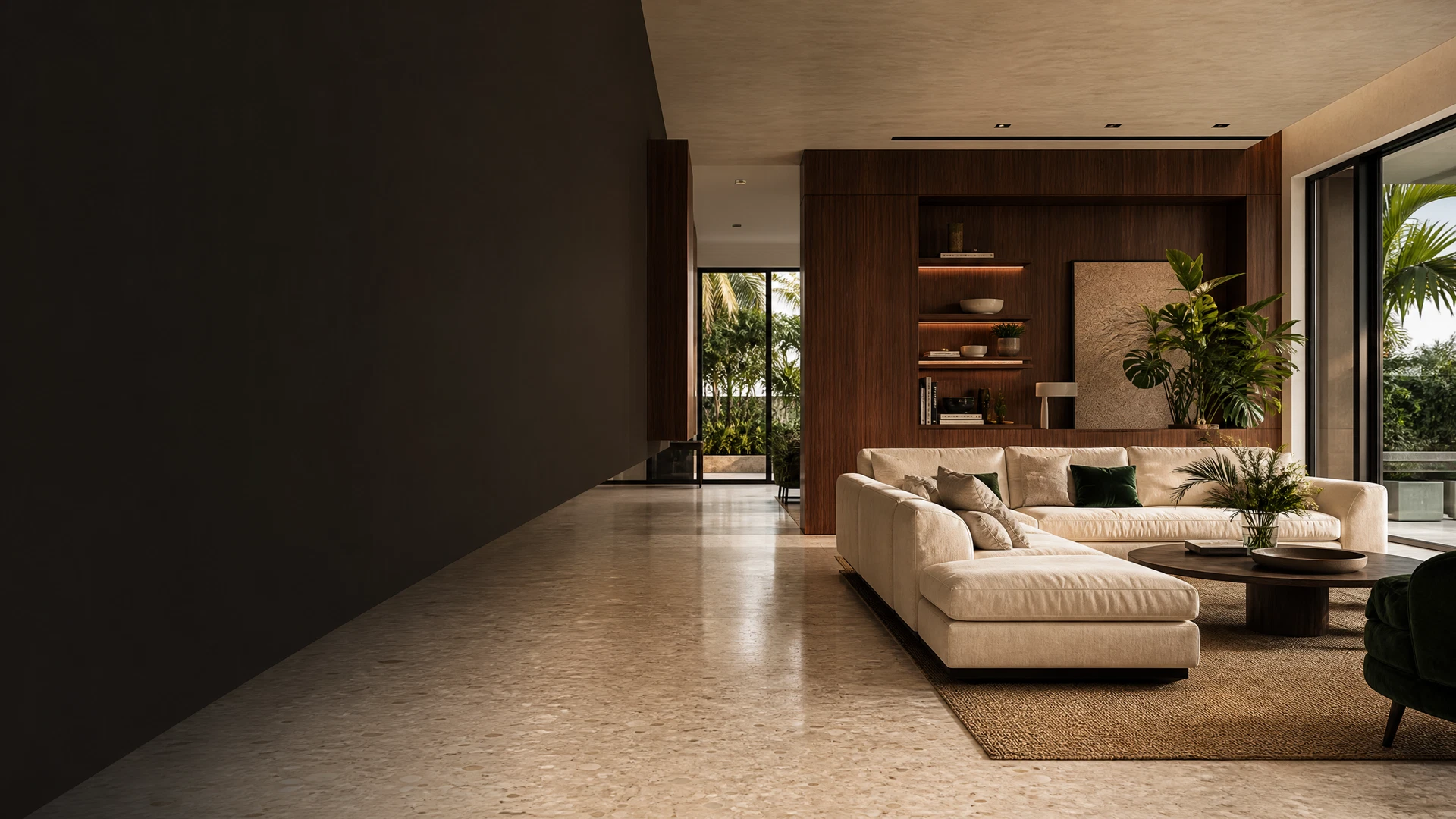 Generic editorial view of a renovated North Miami living room with terrazzo and millwork