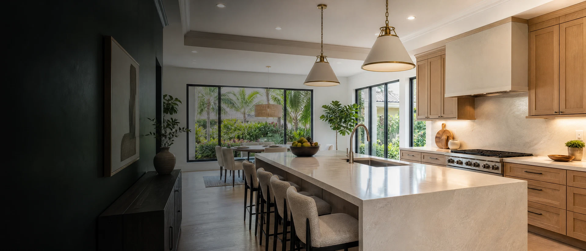 Generic editorial view of a bright renovated Pembroke Pines kitchen with tropical garden light